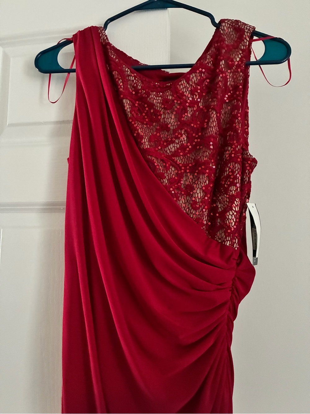 Macy's One-Shoulder Red Sequin Lace Evening Dress
